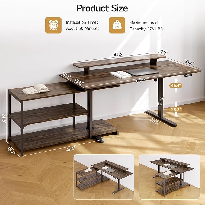 ONBRILL L Shaped Standing Desk with File Cabinet 55x24'' Electric Stand Up Desk with Monitor and Storage Shelf Adjustable Height 28-46'' for Home and Computer Workstation Walnut