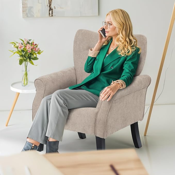 Athena Collection Mid Century Accent Chair Upholstered Modern Comfy Armchair Single Sofa Elegant Vanity Chair Reading Chair with High Back and Solid Wood Legs for Bedroom Living Room Office Beige