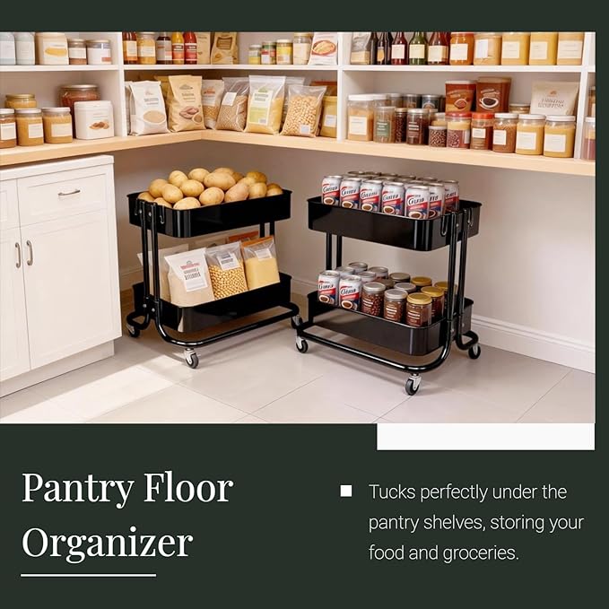 2 Tier Cart with Wheels Heavy Duty Metal Rolling Storage Cart for Under Desk Storage Short Small Utility Shelf for Pantry Kitchen Bathroom Laundry Home Organizer with Large Basket Black