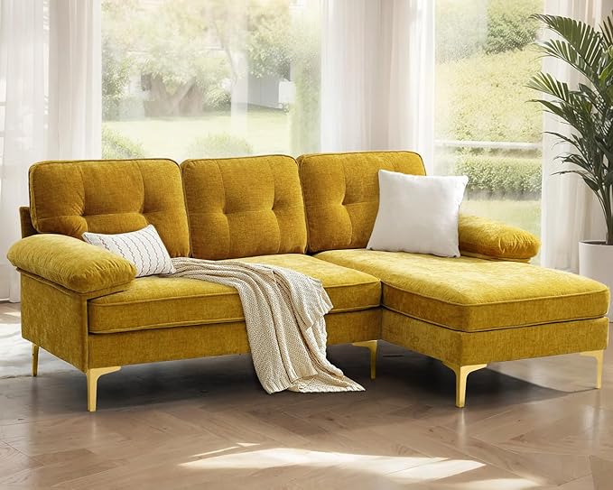 PARKOL 82in L Shaped Sectional Couches Small Lounge Sofa Home Sectional Couches for Living Room Set Clearance Set Couch for Small Space Apartment Yellow Chenille Fabric