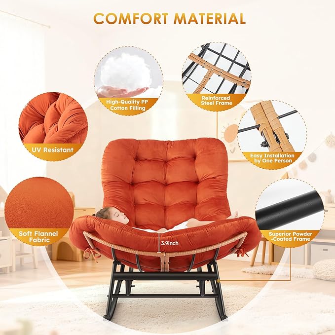 GarveeHome Indoor Papasan Rocking Chair Rattan Rocker with Extendable Footrest &amp Detachable Flannel Cushion 352lbs Sturdy Large Reading Lounge for Indoor Bedroom Living Room Orange