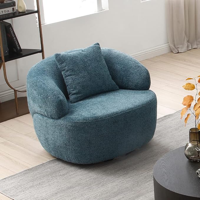WILLIAMSPACE Swivel Accent Sofa Chair Round Back Boucle Barrel Chair with Pillow Modern Leisure Arm Chair for Hotel Living Room Bedroom Office (Navy Blue)