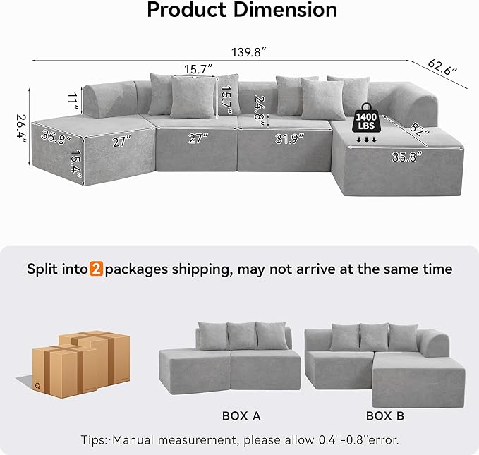 140''Oversized Cloud Velvet Curved Sectional Couch Boneless Couch with L-Shape Chaise Upholstered Compression Memory Foam Modular Sectional Sofa for Living Room No Assembly Required Grey