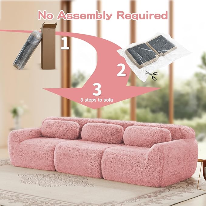 114 Modern Modular Boneless Sectional Couches for Living Room 3 Seater Deep Seat Compressed Sofa No Assembly Required Plush Fabric Fabric Cloud Comfy Sofa Set Pink