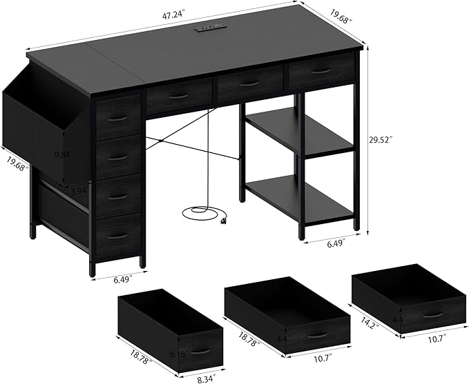 Modern 47 Home Office Writing Desk with Power Outlet &amp Drawers Gaming Desk w/ 2 Monitor Stands &amp Side Pocket for Office Crowd &amp Gaming Crowd (White)