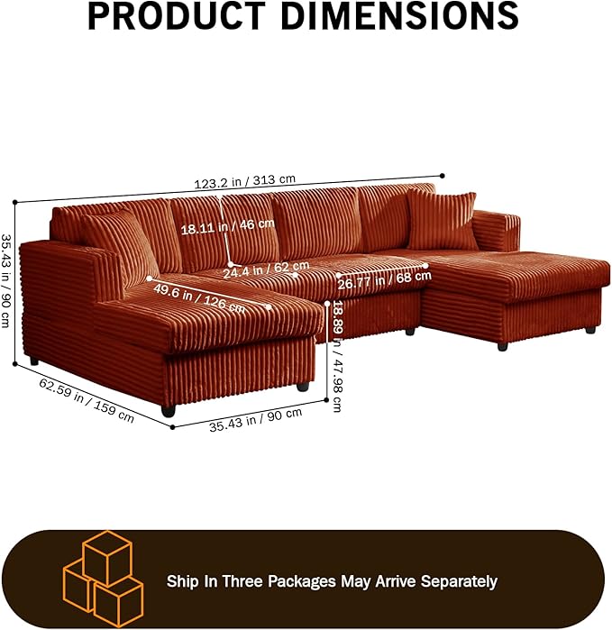 123 U-Shaped Modular sectional Sofa Two L-Shape Chaise with 2 Cloud Couch sectional with Two Pillows couches for Living Room (Darkbrown)