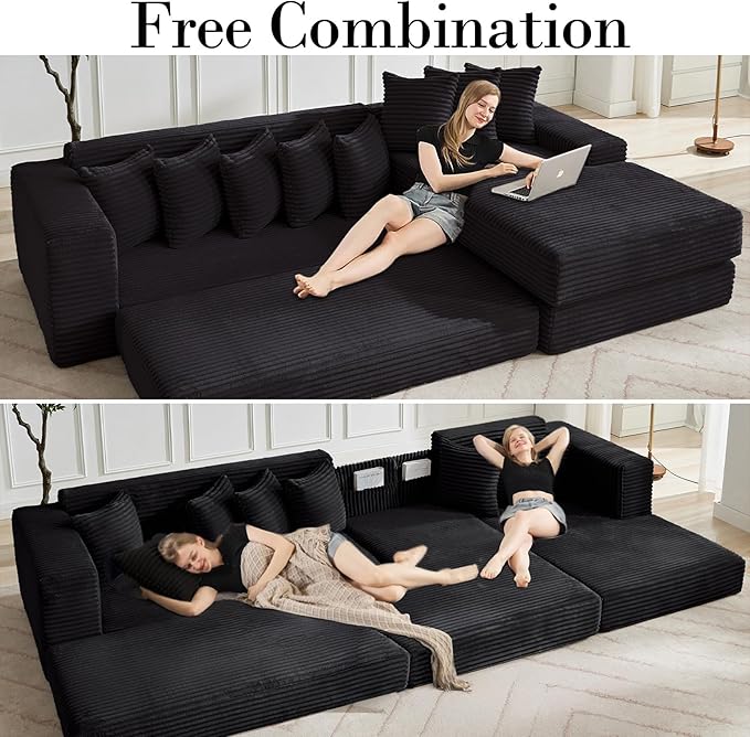 110 L-Shaped Modular Sectional Sofa with Chaise Lounge Corduroy Oversized Convertible Floor Sleeper Sofa Bed with 8 Pillows Modern Deep Seat Boneless Couches (Black 110 + Right Chaise)