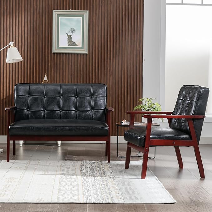 Okeysen Modern Loveseat Sofa Set (Black) - Ergonomic Leather Mid-Century Design 2-Seat &amp Accent Chair Small Spaces Furniture Living Room Apartment Office
