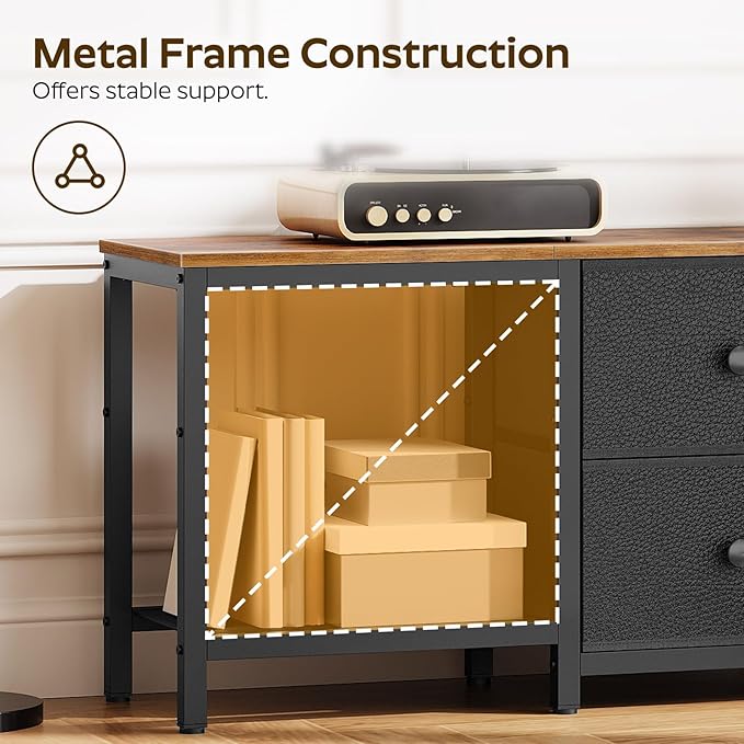 TV Stand for TVs up to 55 Entertainment Center with 2 Fabric Drawer Media Console with Shelves Television Stands for Living Room Bedroom Rustic Brown and Black DS02BR