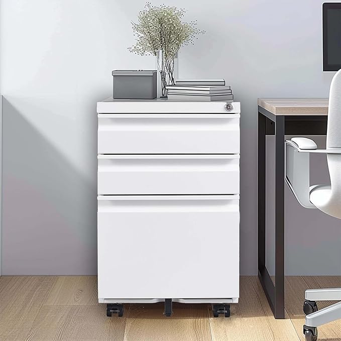 3 Drawer Mobile File Cabinet with LockMetal Filing Cabinets for Home Office Organizer Letters/Legal/A4Fully AssembledWhite