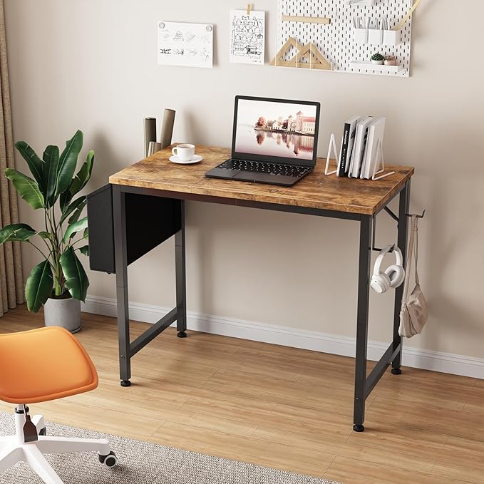 Lufeiya Small Desk for Small Spaces 32 Inch Kids Girls Study Writing Desks for Bedroom Simple Modern Laptop PC Little Side Table with Storage Bag Headphone Hooks Rustic Brown