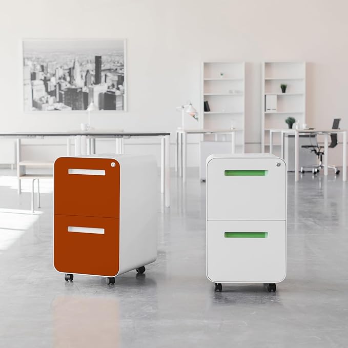 Laura Davidson Furniture Stockpile 2 Drawer Mobile File Cabinet with Lock - Under Desk Metal Filing Cabinet Legal/Letter File Folders Wheels and Stationary Feet Pre-Assembled White/Orange