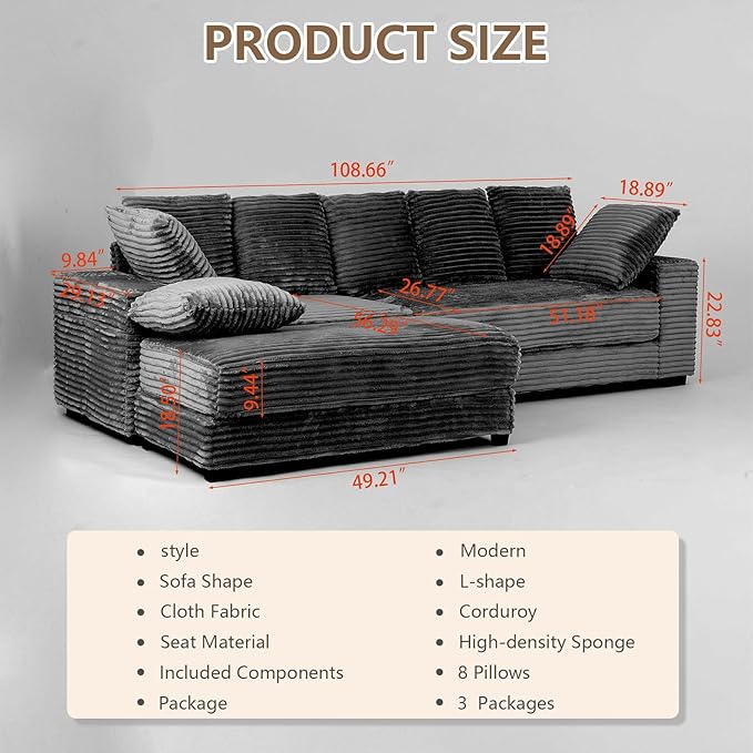 Sectional Sofa with Storage OttomanModern Cloud Couch with Deep Seat Modular Sectional Couches for Living Room Apartment Office
