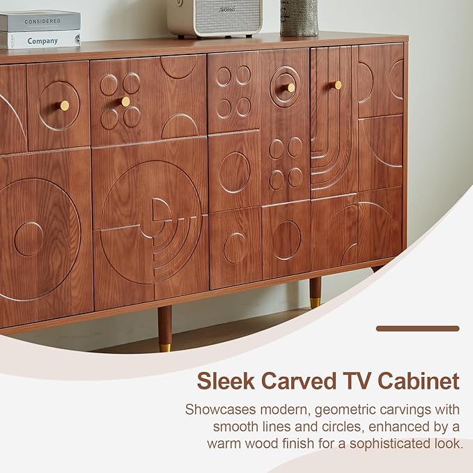 Modern TV Stand for 65 inch TV 59 Entertainment Center with Carved Geometric Doors TV Console with 4 Cabinet Storage Retro Art-Inspired Media Console for Living Room/Bedroom - Walnut