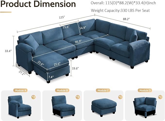 DRMBOOK 115'' U Shaped Modular Sectional Cloud Couch Comfy Corduroy 6 Seater Sofa with Curved Armrest Modern Deep Seat Modular Sofa for Living Room (Blue 5 Seat+1 Corner+1 Ottoman)