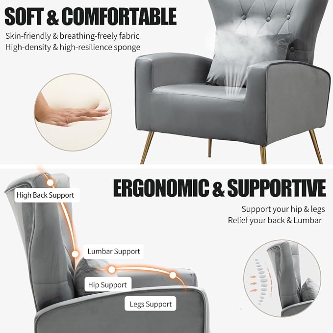 Velvet Accent Arm Chairs Set of 2 Mid-Century Armchairs with Wingback &amp Lumbar Pillow for Living Room Bedroom Guest Reception Chair for Office Button-Tufted Gold Finish Grey