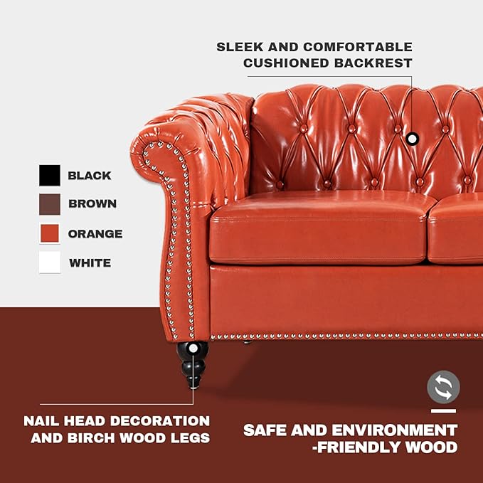 Chesterfield Sofa Orange Faux Leather Sofas for Living Room 84 Rolled Arm 3-Seater Couch Deep Button Nailhead Upholstered Couches High-End Furniture Easy to Assemble