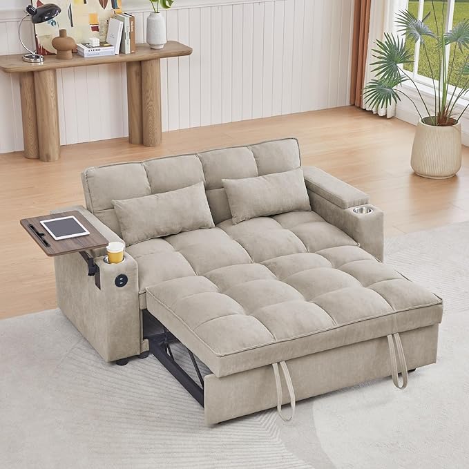 Large Size Convertible Sleeper Sofa BedPolka dot Velvet Pull Out Futon Couch with Storage handrails &amp Rotating Side TablesConvertible Sofa Couch for Living RoomRV (Khaki)