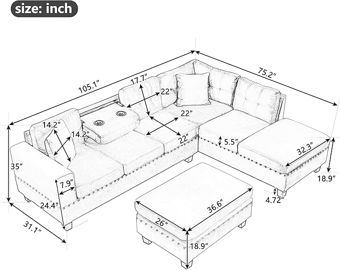 Merax Modern Sectional Sofa with Storage Ottoman L Shaped Couch with 2 Pillows and 2 Cup Holders Polyester Sectional Sofa with Reversible Chaise for Living Room Home Office (Gray)