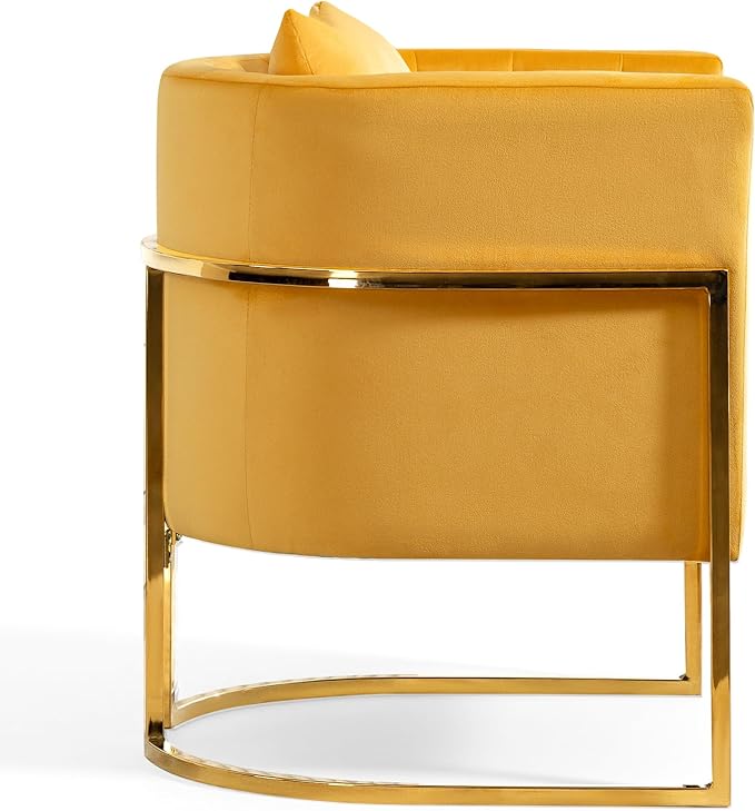 Velvet Modern Accent Chair Upholstered Barrel Armchair Mid Century with Pillow for Living Room Comfy Single Vanity Chair with Metal Gold Legs for Bedroom Yellow