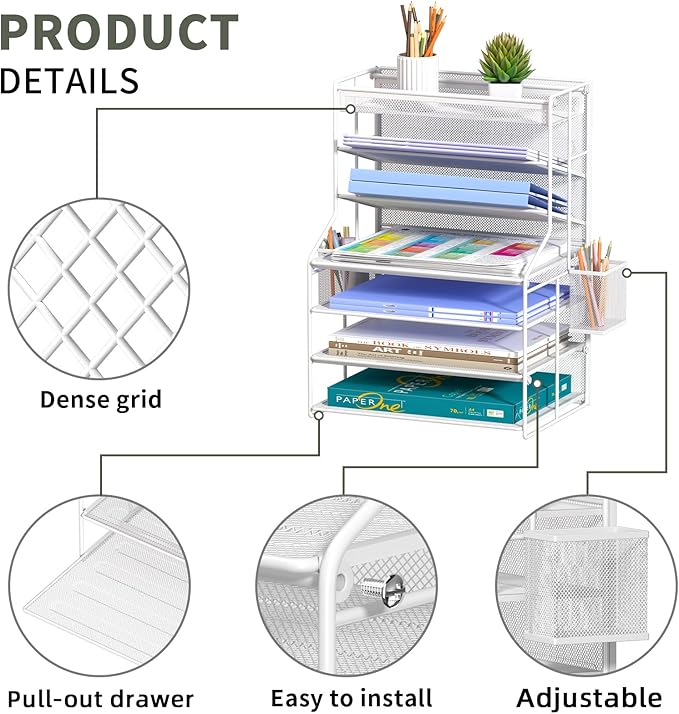 7 Tier Desk File Organizer – Vertical File Organizer for Desk with Removable Pen Holder &amp Adjustable Drawer – Metal Document Organizer for Office Simple Trending Design – White