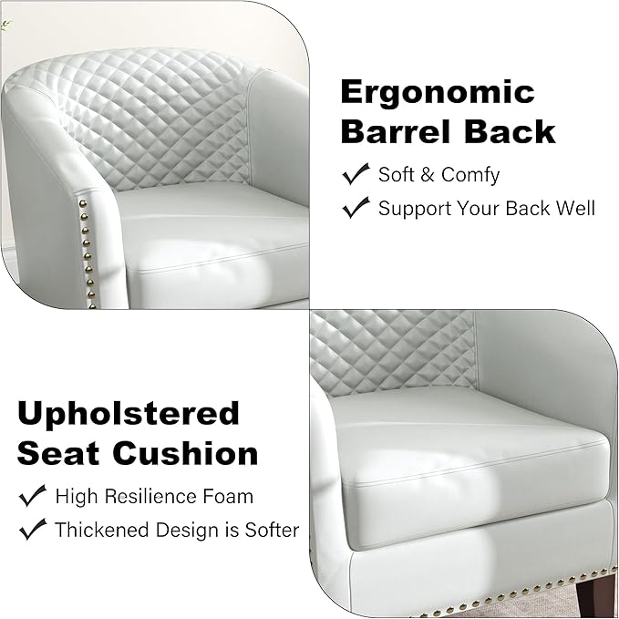 Accent Barrel Chair Upholstered Faux Leather Club Chair with Nailed Trim Comfy Reading Armchair for Living Room Bedroom Reception Room Office (White Set of 2)