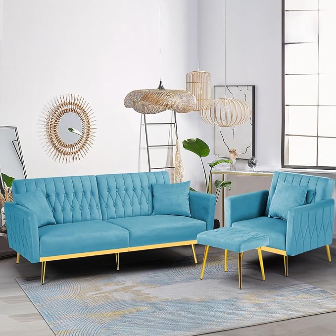 2 Pieces Velvet Sofa Set with Adjustable Armrest and Backrest 70” Convertible Futon Sofa Bed &amp Mordern Accent Chair with Ottoman for Living Room Bedroom Baby Blue