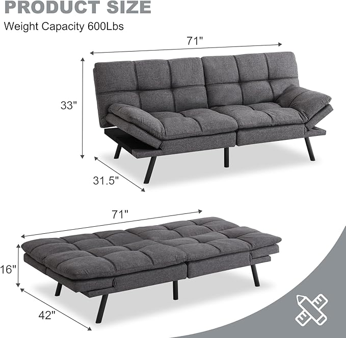Futon Sofa Bed Convertible CouchMemory Foam Futon Sofa CouchSleeper Futons Sofa CouchesSmall Splitback Modern Loveseat Sofa Bed for Living RoomOfficeApartmentLinen FabricDark Gray.