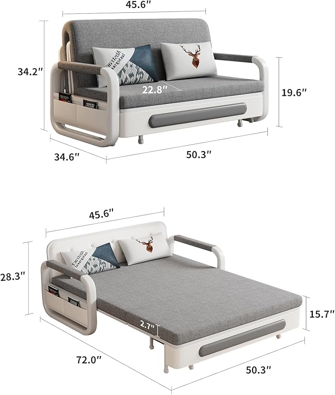 Pull-Out Sofa Daybed with Trundle Versatile Futon Couch with Sleeping Function and Storage Space Sofa Bed for Small Rooms and Living Rooms Dark Grey and White (50.3)