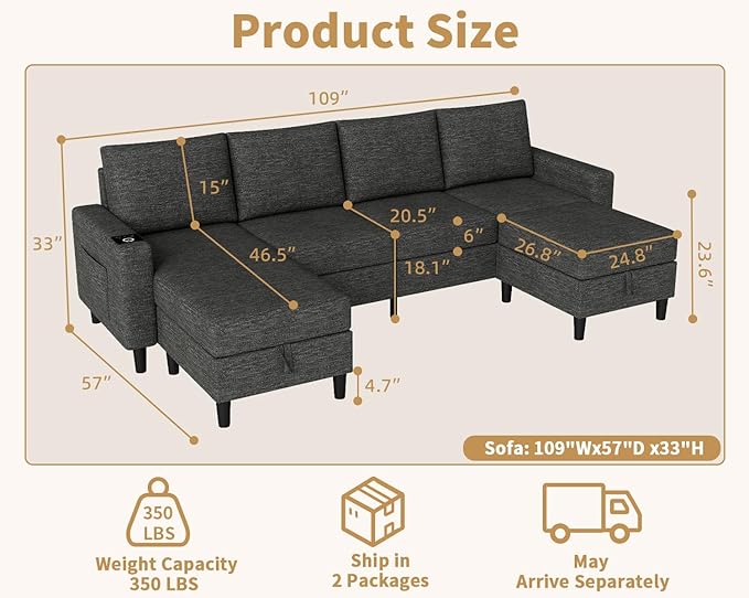 Smart Sectional Couches for Living Room 6 Seat U/L Shaped Sectional Sofa with RGB Light/Charging Modern Living Room Furniture for Apartments/Office/More (Dark Grey)