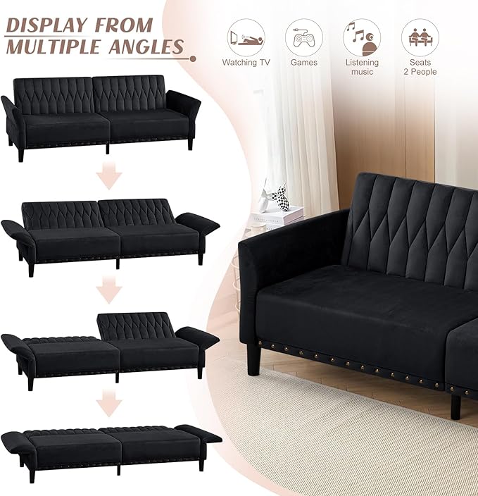 77 Inches Velvet Sofa Bed w/Adjustable Backrests &amp Armrests Convertible Sleeper Sofa w/Nailhead Trim Modern Loveseat Couch with Sturdy Legs for Living RoomOfficeBlack