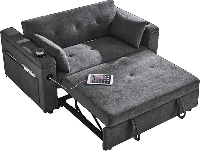 Convertible Sleeper Sofa Bed Pull-Out Recliner Couch with Adjustable Backrest Storage Armrests Side Pockets Cup Holders USB Charging Ports Chenille Loveseat for Living Room Use (Grey)