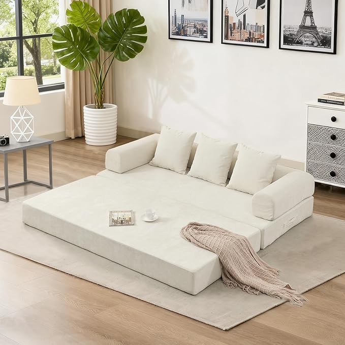 79 Inch 4-in-1 Convertible Sofa Bed Boneless Couches Chenille Folding Sleeper with Pull Out Bed Floor Futon Modular Lounge Loveseat Compressed Sofa No Assembly Required for Living Room (Beige)
