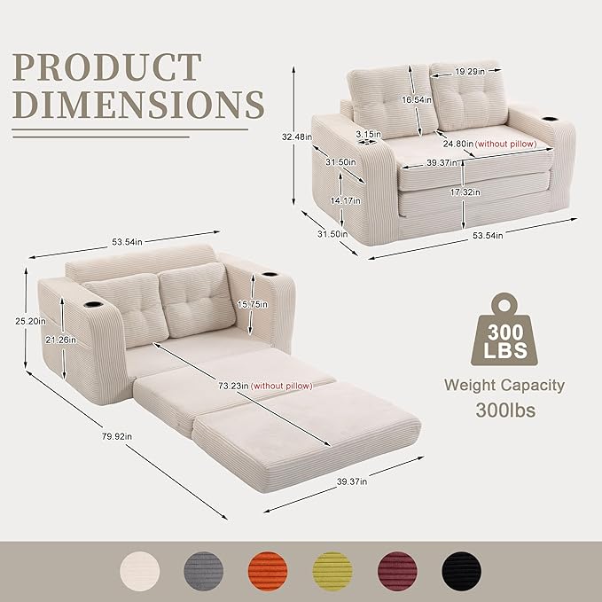 54 Convertible Sofa Bed 2-in-1 Boneless Folding Couch Bed with Cup Holder &amp Pocket Corduroy Fold Out Floor Couch with Pillows for Living Room Bedroom Small Spaces (Beige)