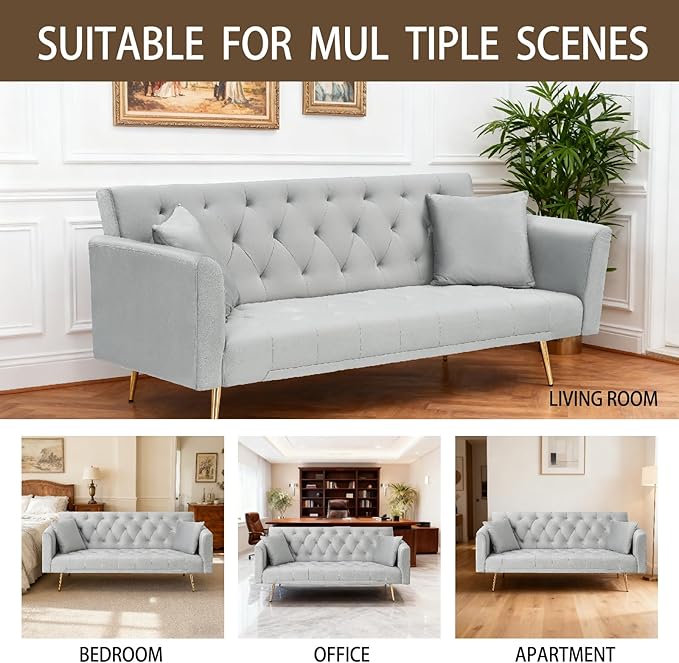 71 Velvet Futon Sofa Bed Convertible Sleeper Couch with 2 Pillows - Modern Loveseat Small Sofa 3-Angle Adjustable Backrest Golden Metal Legs for Living Room Bedroom Apartment Easy Assembly (Gray)