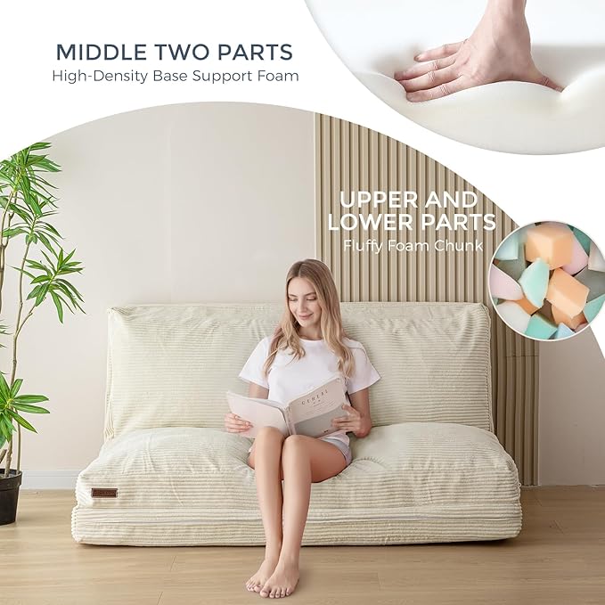 MAXYOYO Folding Sofa Bed Extra Thick and Long Floor Sofa Convertible Sleeper Chair with Washable Cover Floor Couch Lounge Bean Bag Bed for Living Room Beige 30x95 Inch