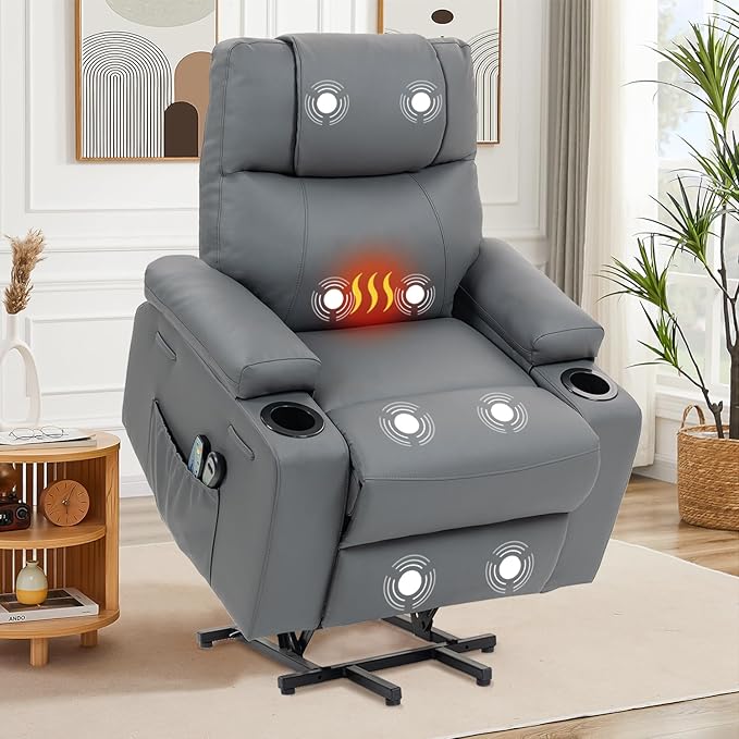 Power Lift Recliner Sofa Chair Electric Stand Assit for Elderly People Leather Reclining Chair with Cup Holders Massage &amp Heat Functions Living Room or Bedroom Furniture for Resting Gray