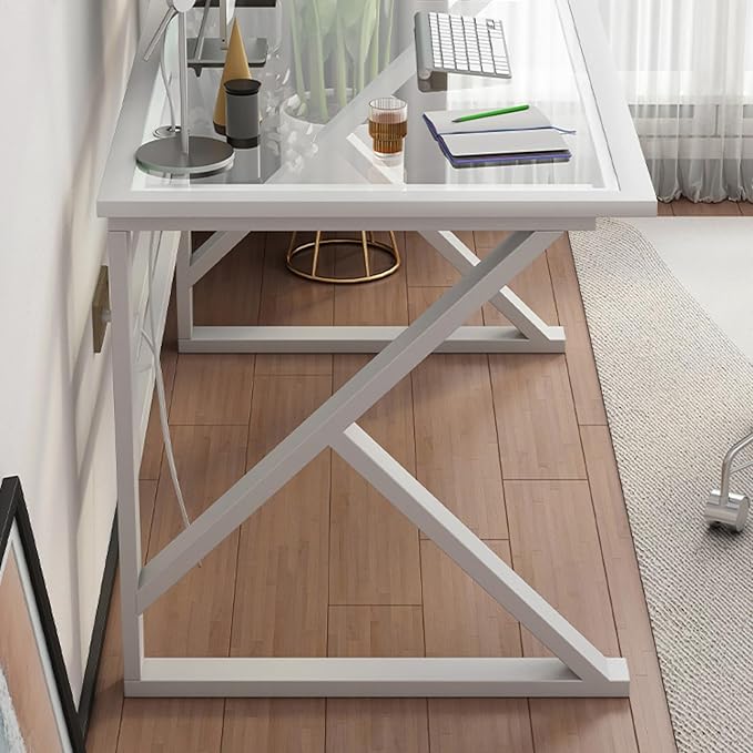 Modern Home Office Desk Tempered Glass Desk with Metal Frame and Clear Glass Tabletop Small Computer Desk for Home Office(47 Inch White)