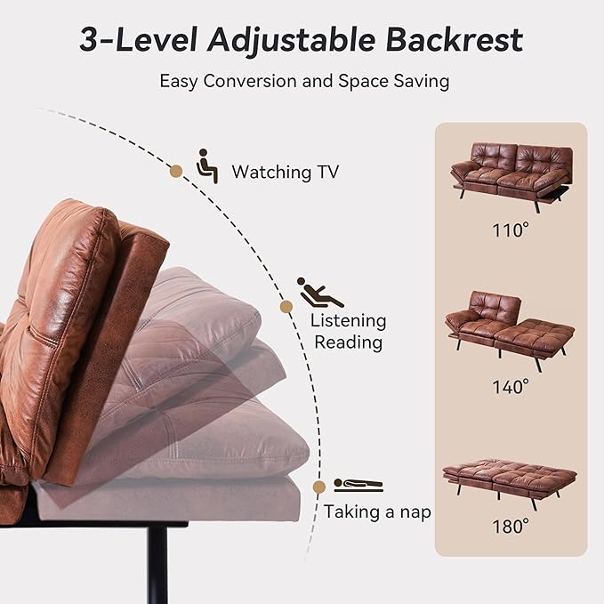 Faux Leather Futon Sofa BedConvertible Futon CouchMemory Foam Loveseat Sleeper SofaSmall Splitback Modern Folding Couch for Living RoomOfficeApartmentRetro Brown