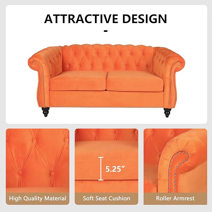 Velvet Loveseat Chesterfield Love Seat Couch 2 Seater Accent Sofa with Rolled Arms Mid-Century Modern Love Seats Tufting Nailhead Trim for Living Room Bedroom Home Theater (Velvet Orang)