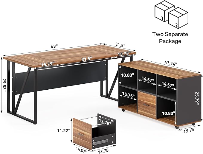 LITTLE TREE 63 Office Desk and 47 File Drawer Cabinet Large Computer Desk Study Writing Desk Workstation for Home Office