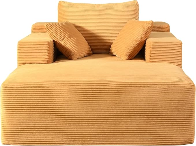 Monroe Convertible Chaise Lounge Chair Indoor – Oversized Corduroy Couch with Wide Armrest &amp Throw Pillows Cozy Boneless Sleeper Sofa Bed Armchair Ginger Yellow