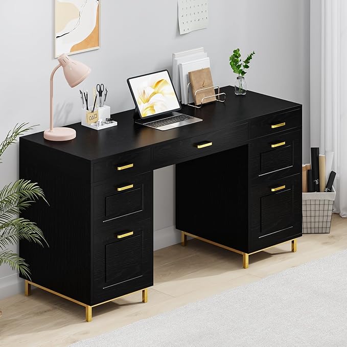 Black Computer Desk with 7 Drawers 57 Inch Home Office Desk with File Drawers Wood Modern Desk with Storage for Bedroom Executive Desk with Golden Legs and Handles Black and Gold