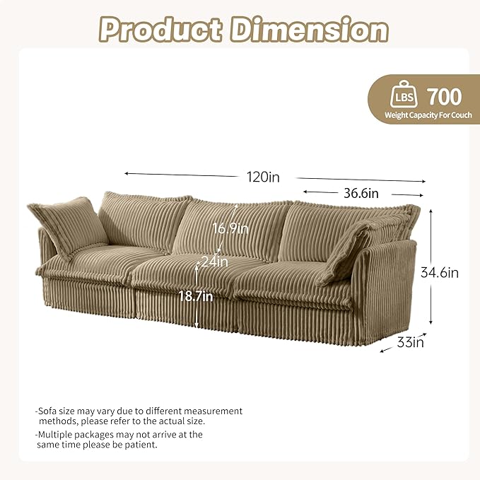 120 Slipcovered Modular Cloud Sectional Sofa Deep Seat Corduroy U Shaped Couch with Removable Covers 3-Seater Sofa for Living Room (Light Camel) | Slipcovered