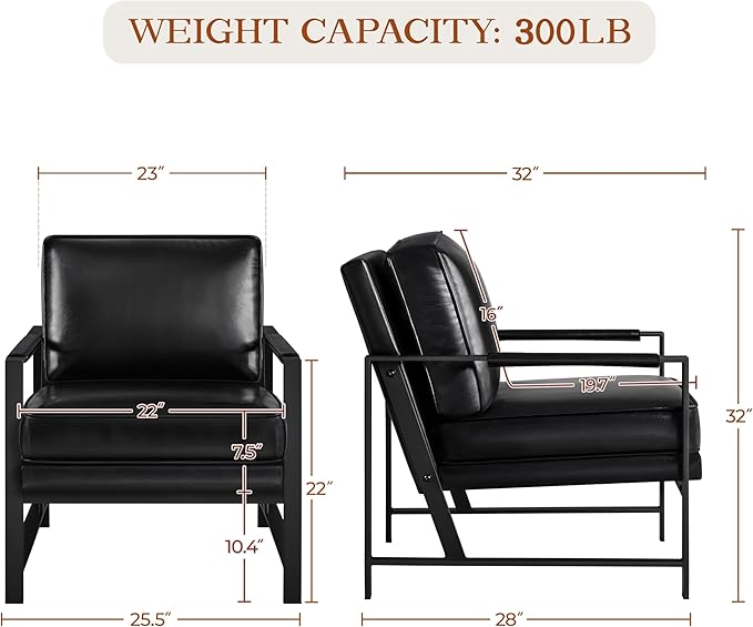 Yaheetech PU Leather Armchair Retro Leisure Accent Chair with Extra Soft Padded and Cushion Modern Reading Arm Chair with Black Metal Frame for Living Room/Office/Bedroom/Study Black