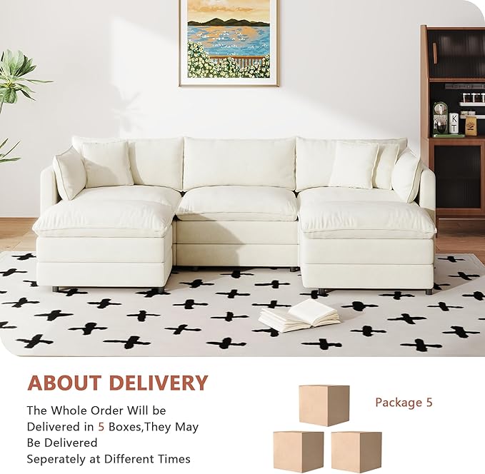 Setawix Deep 3 Seater Couch with Ottomans112.2 U-Shaped Cloud Couches for Living RoomChenille Cloud Sofa Couch with Deep SeatModular Sectional U Shape 3 Seat Sofa for Bedroom (Beige 3+2)