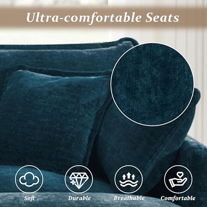 SoarFlash Chenille Sectional Sofa Comfy Modular Loveseat Sofa Modern 3-Seat Couch Deep Seat Sofa Set for Living RoomDeep Blue