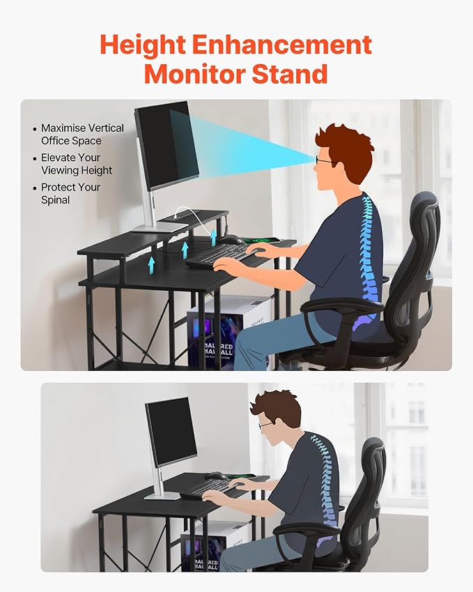 VEVOR 47 Gaming Desk with LED Lights &amp Power Outlets Computer Desk with Monitor Stand &amp 2-Tier Storage Sheves Study Work for Home Office Black