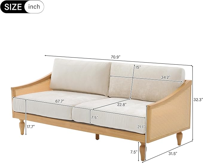 Christopher Knight Home Harper Mid-Century Loveseat Sofa Couch 2-Seater Lounge Sofa with Rattan Armrests and Wooden Legs Chenille Upholstered Couches for Living Room and Small Space Natural