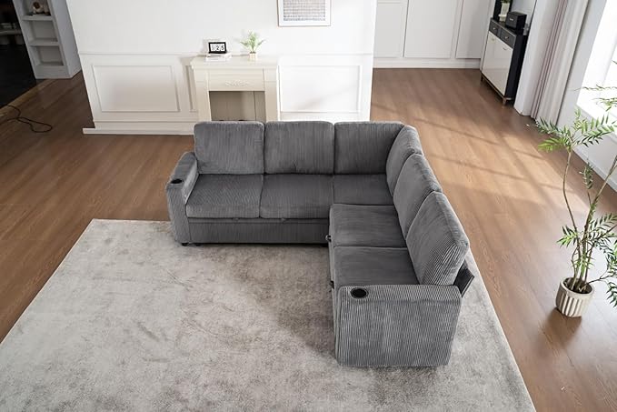 83 Modular Sectional Sleeper Sofa with Pull Out Bed Plush Corduroy L-Shaped Corner Couch with Storage USB Charger Cup Holders 5-Seater Sectional Couches for Living Room Apartment Grey